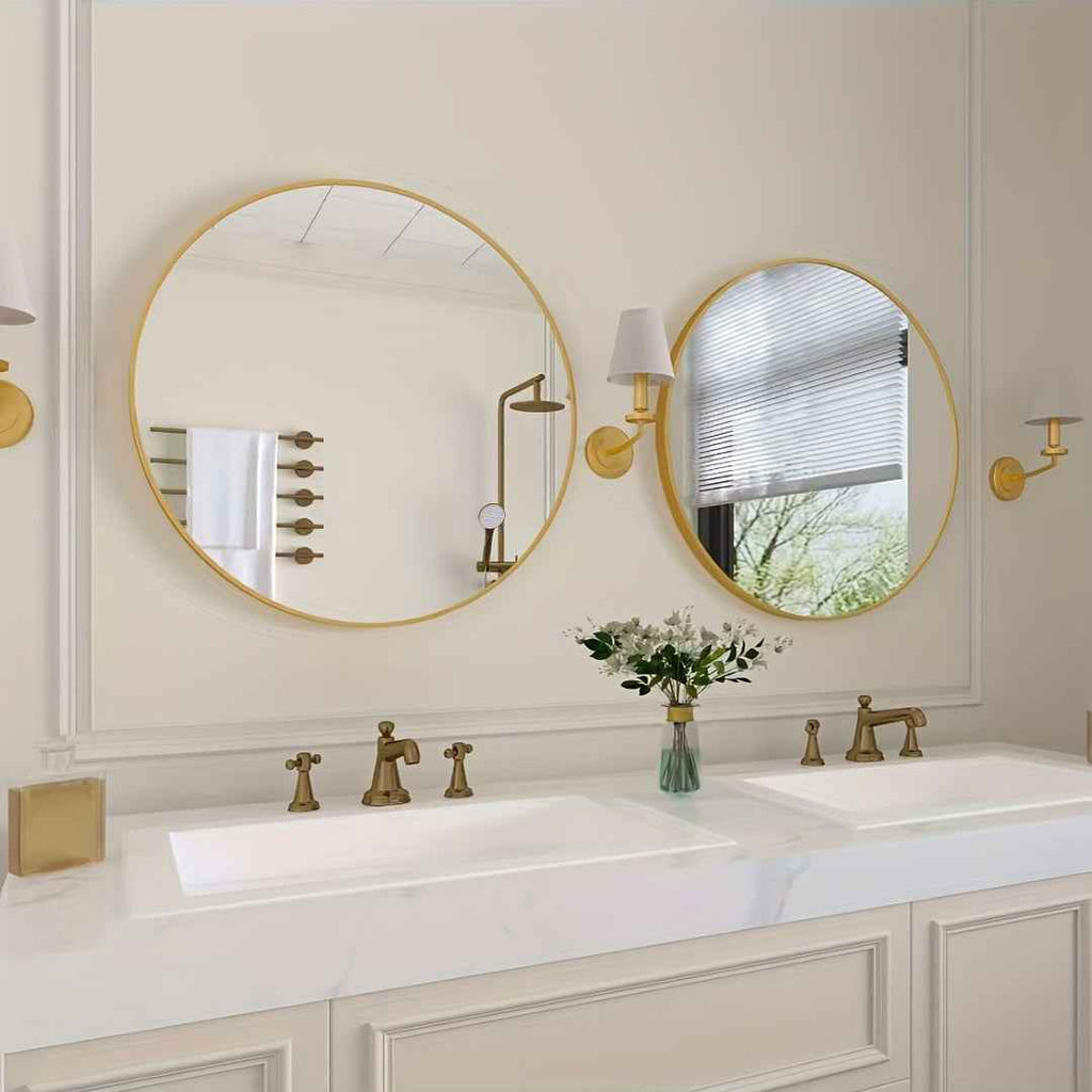 Large-sized wall mirror, 60cm round Golden mirror with metal frame, suitable for decorating circular walls in bathrooms, bedrooms, and entryways