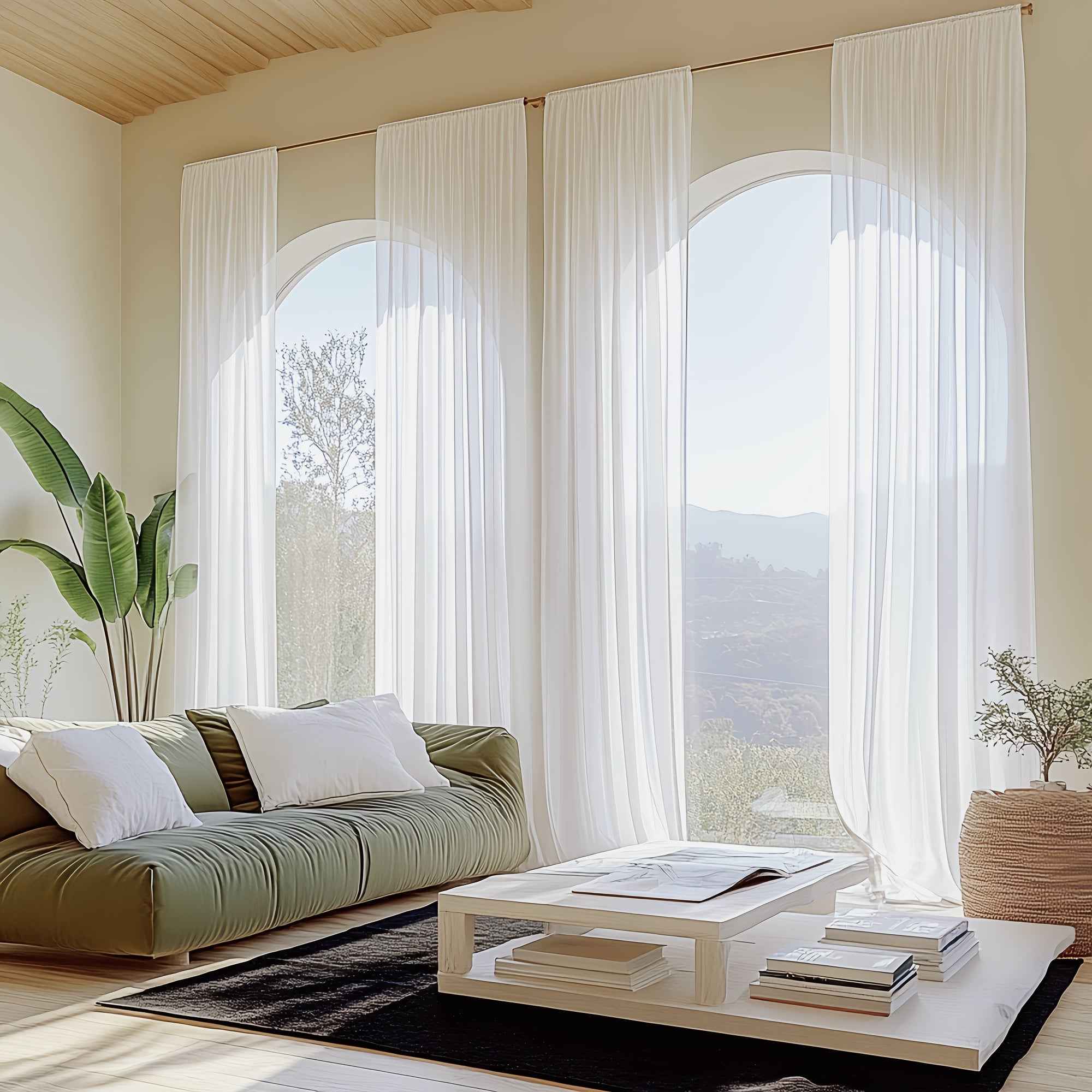 4pcs set, pure white breathable and lightweight curtains with a good drape effect for spring/summer, featuring top rod pocket design. Suitable for European and Middle Eastern markets, the fabric is comfortable and breathable,