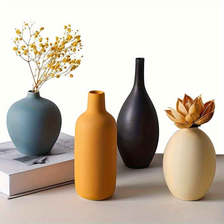 4pcs Art Deco Ceramic Vase Set, Minimalist Cylinder Shape in Black, Yellow, Blue, Beige - Modern Farmhouse Home Decor for Living Room, Shelf, Table, Bookshelf, Fireplace Mantel, Entryway - Ideal Gift for Loved Ones