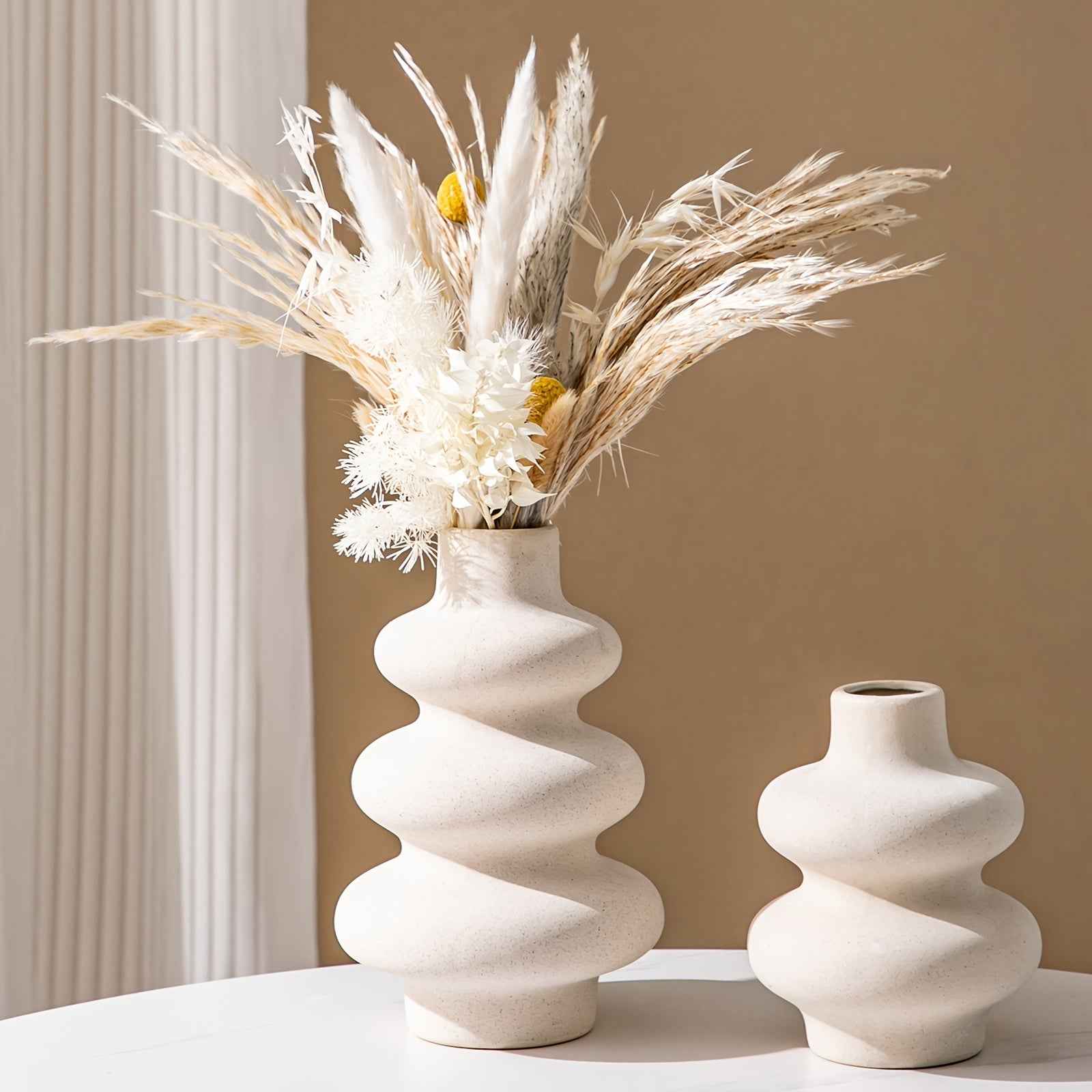 Modern Boho Ceramic Vase - Geometric Spiral Design Nordic Minimalist Vase for Pampas Grass, White Ceramic Centerpiece for Dining Room, Living Room, Wedding & Entryway Decor, Vases Home Decor