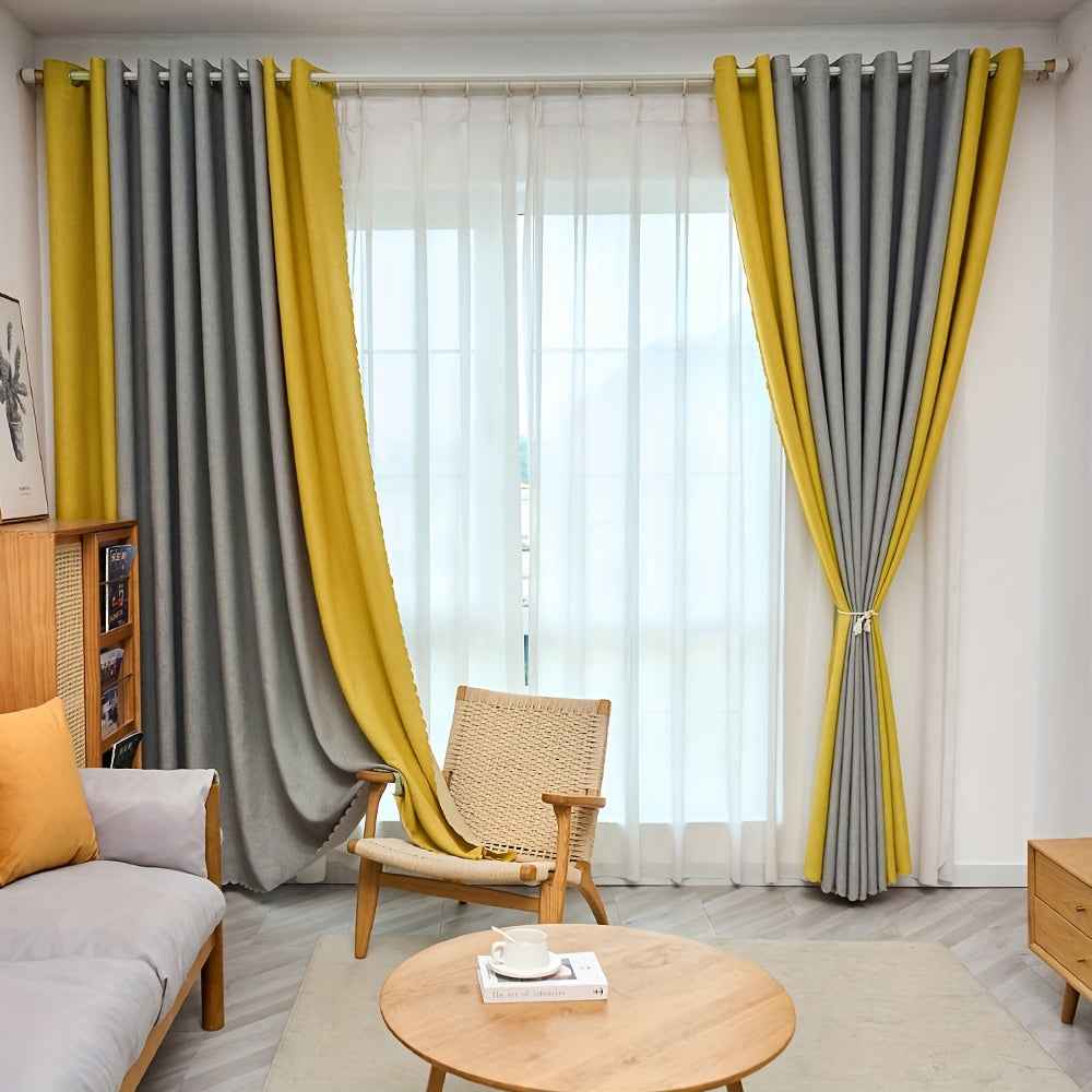 1pc Classic Gray & Yellow Fabric Patchwork Curtain - Light-Blocking, Machine Washable, Cordless Design for Bedroom & Living Room Decor, Curtains for Living Room