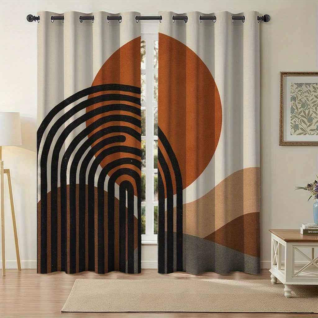 2pcs Modern Abstract Geometric Curtains - Brown, Orange, Black, Semi-Transparent, Grommet Top, Polyester, Machine Washable, Ideal for Living Room, Bedroom, Study, Kitchen, and Courtyard Decor, Curtains for Living Room, Curtai