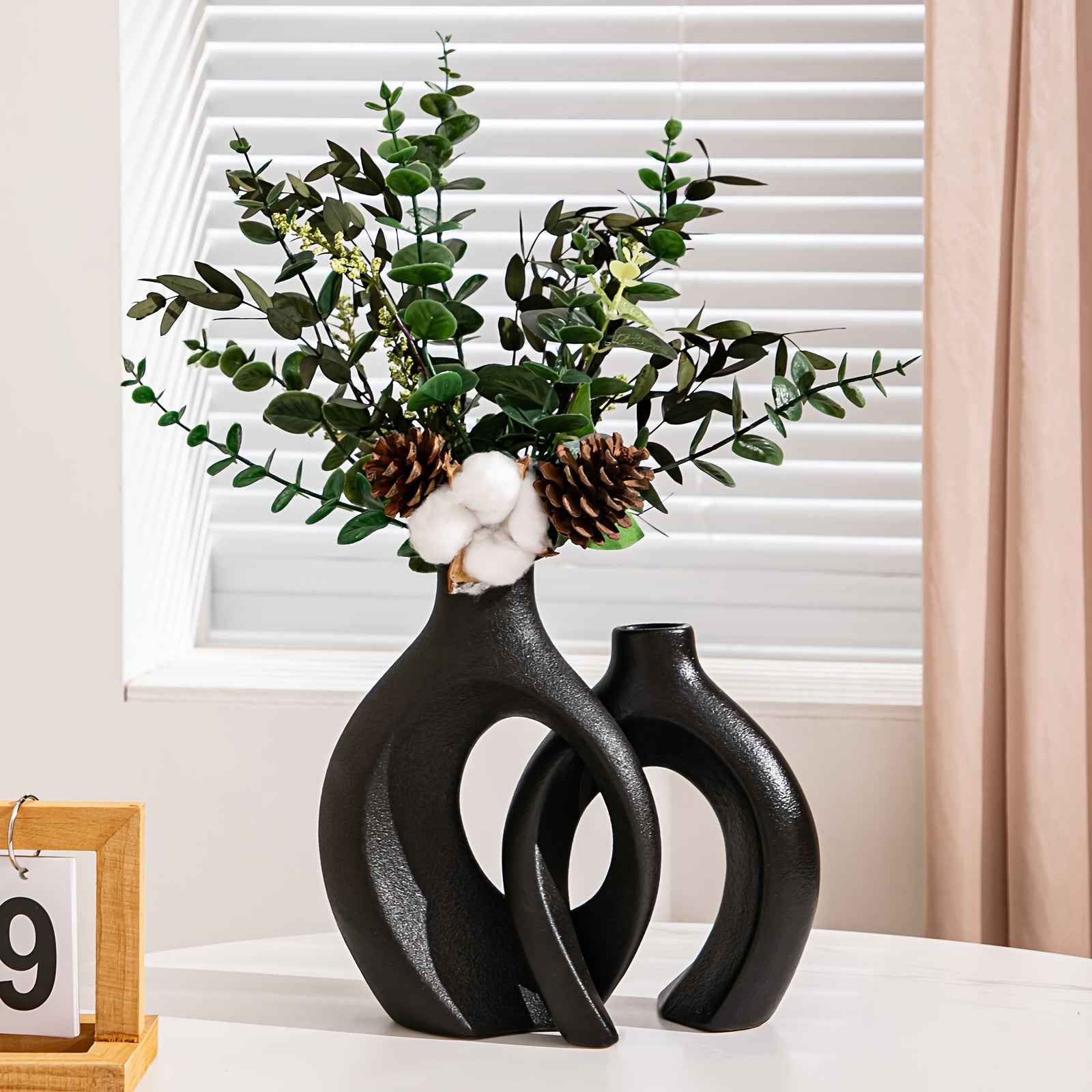 Contemporary Ceramic Vase Set, 2 Piece, Geometric Pedestal Bud Vases, Solid Pattern, Decorative Floral Arrangement Holders for Home Decor