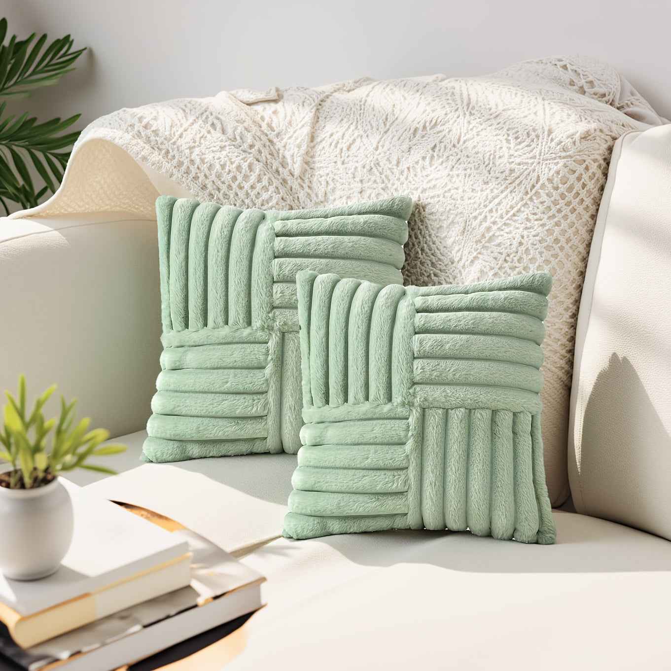 2pcs Soft Plush Faux Fur Throw Pillow Covers with Zipper Closure - Cozy Striped Design in Beige, Pink, Red, Gray - Perfect for Living Room Sofa & Bedroom Decor, Machine Washable, Bedroom Decor | Cozy Home Accents | Plush Text