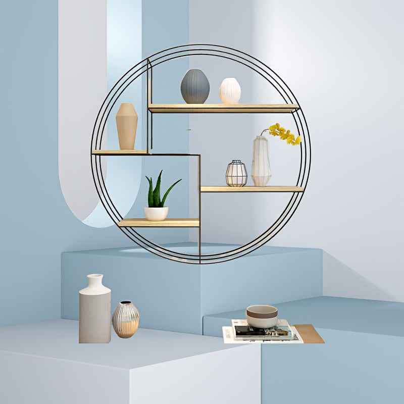 Golden, black, four-layer multi-functional storage shelf, round wall-mounted floating shelf - iron and wood combination, living room, bedroom, bathroom, dining and farmhouse storage multi-functional organizer (lights not incl