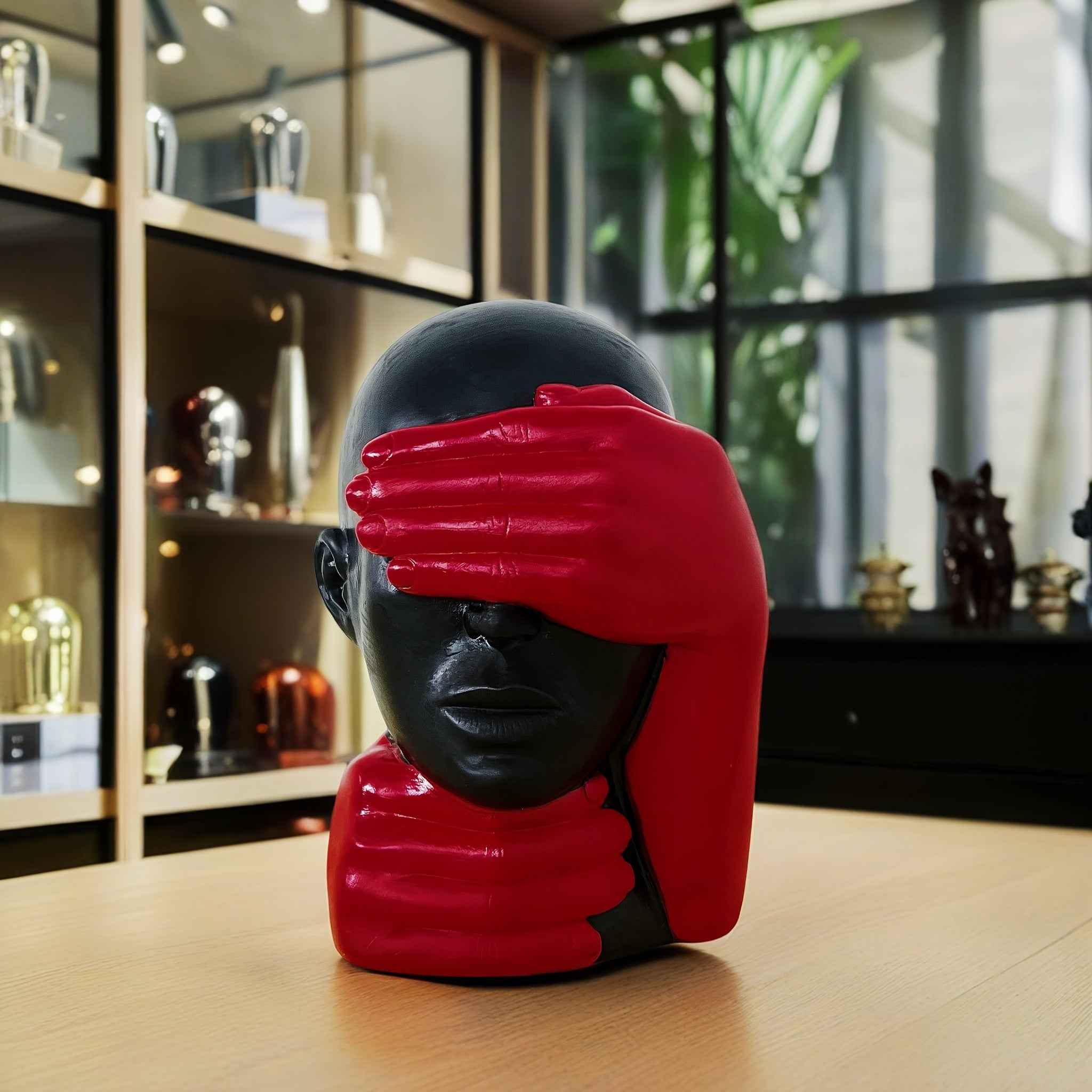 Modern Abstract Resin Sculpture - Hand-Covered Face Art Decor for Contemporary Home or Office, Black and Red Figurine, Unique Holiday Decoration, Holiday Decor Accent | Abstract Sculpture | Resin Construction, Statues for Hom
