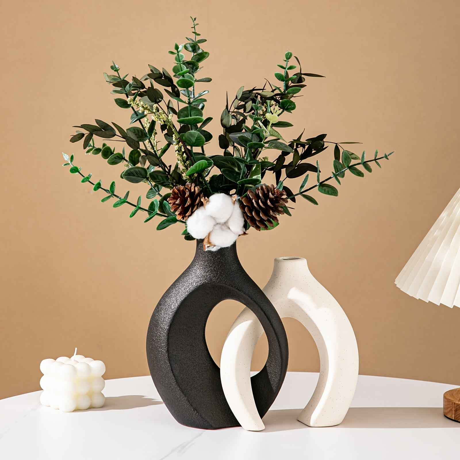 Contemporary Ceramic Vase Set, 2 Piece, Geometric Pedestal Bud Vases, Solid Pattern, Decorative Floral Arrangement Holders for Home Decor