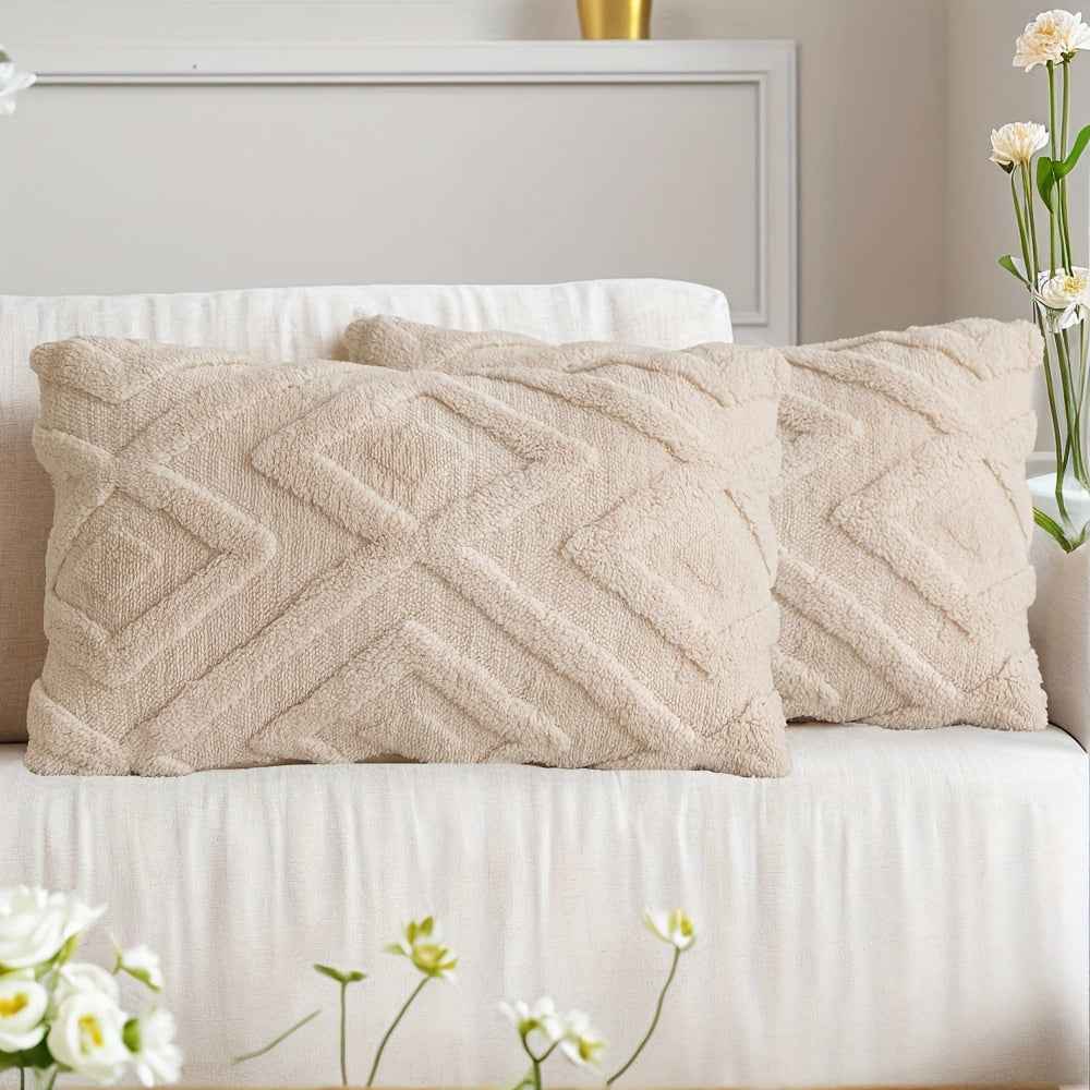 2pcs Boho Abstract Throw Pillow Covers, Soft Plush Polyester Fabric, Geometric Pattern, Zipper Closure, Hand Wash Only, 30.48x50.8cm, 45.72x45.72cm, 50.8x50.8cm - Farmhouse Style Decorative Cushion Cases for Couch, Sofa, Bedr