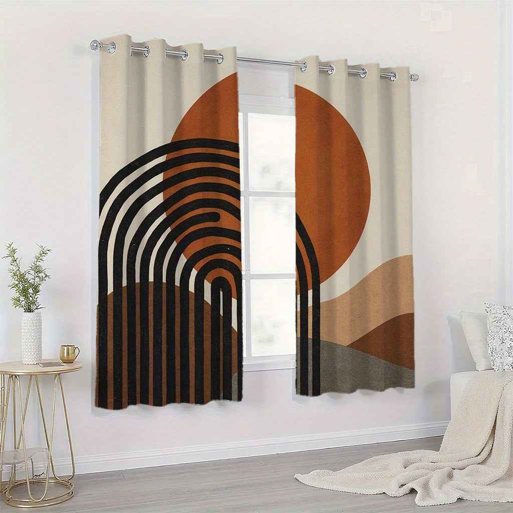 2pcs Modern Abstract Geometric Curtains - Brown, Orange, Black, Semi-Transparent, Grommet Top, Polyester, Machine Washable, Ideal for Living Room, Bedroom, Study, Kitchen, and Courtyard Decor, Curtains for Living Room, Curtai