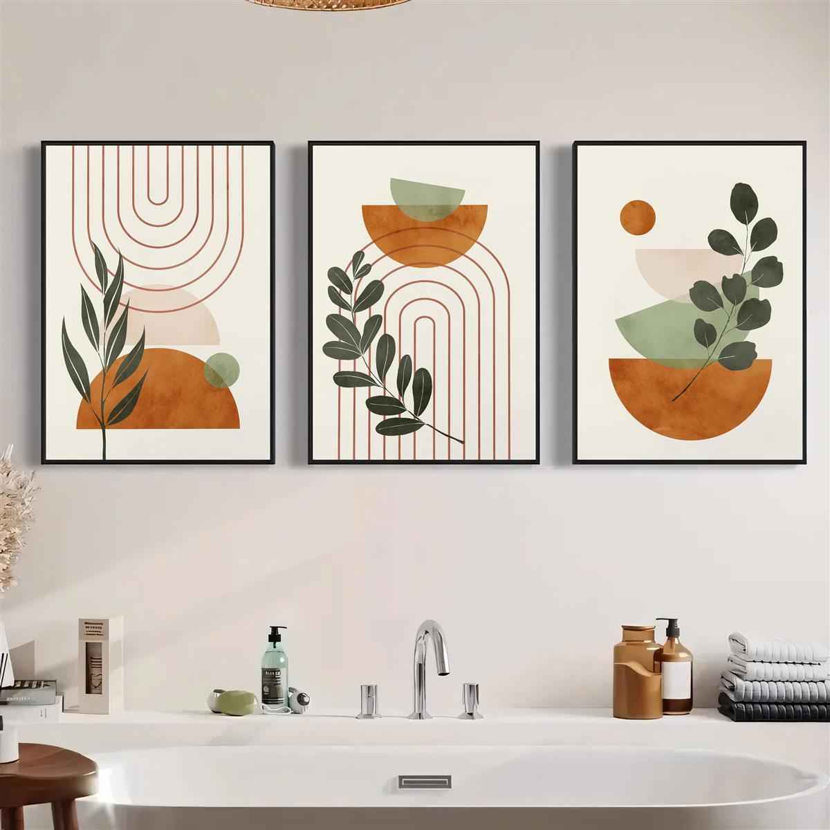 2D Flat, 3pcs Wooden Framed 2D Botanical Wall Art, Boho Print, Mid Century Wall Art, Sage Green Painting, Creative Canvas Poster, Waterproof Canvas Wall Decor, Artwork for Gift, Bedroom and Dormitory Decoration