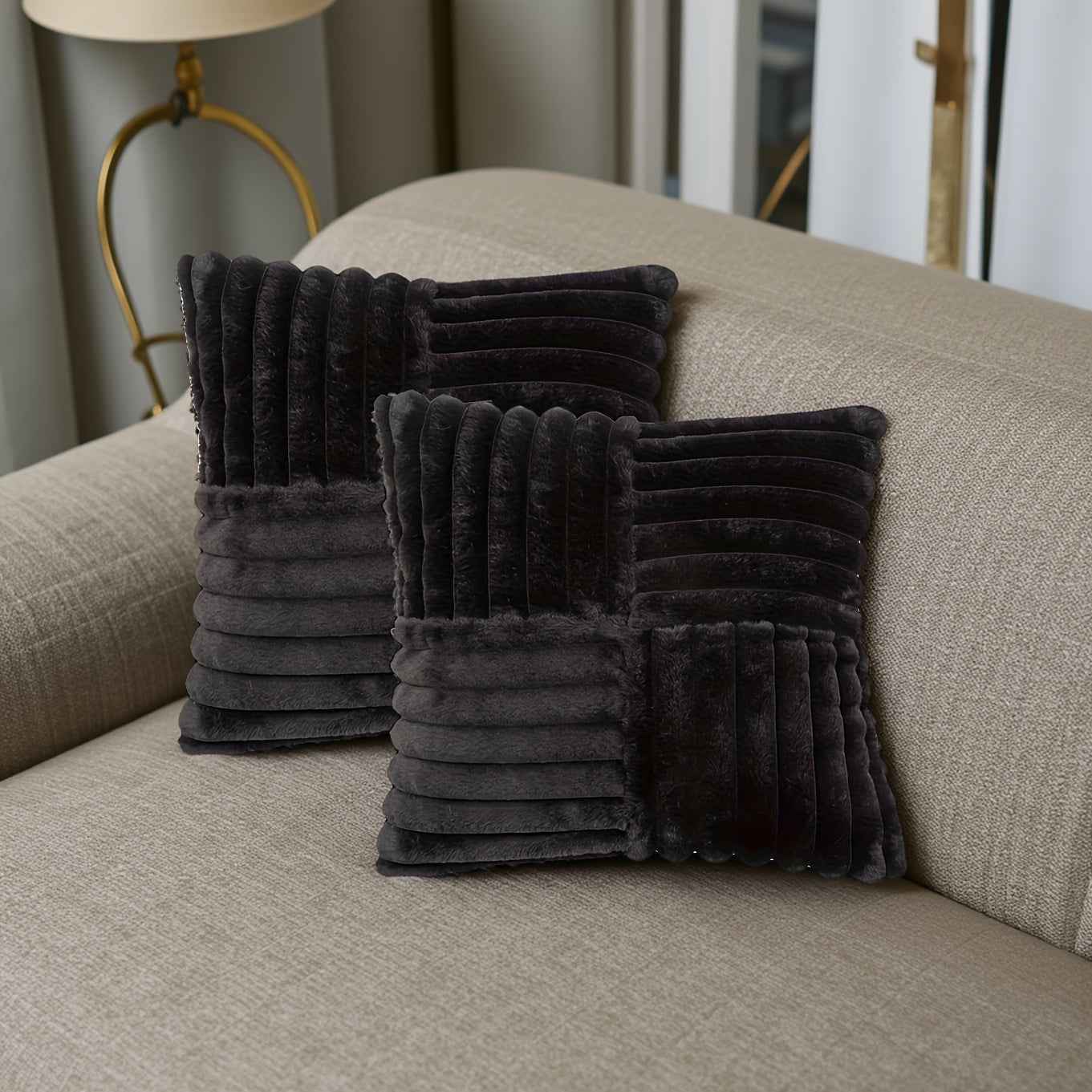 2pcs Soft Plush Faux Fur Throw Pillow Covers with Zipper Closure - Cozy Striped Design in Beige, Pink, Red, Gray - Perfect for Living Room Sofa & Bedroom Decor, Machine Washable, Bedroom Decor | Cozy Home Accents | Plush Text