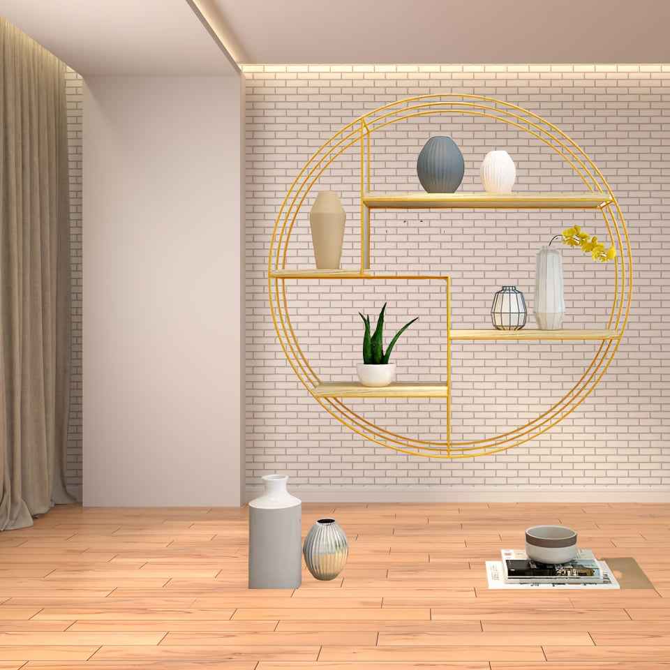 Golden, black, four-layer multi-functional storage shelf, round wall-mounted floating shelf - iron and wood combination, living room, bedroom, bathroom, dining and farmhouse storage multi-functional organizer (lights not incl