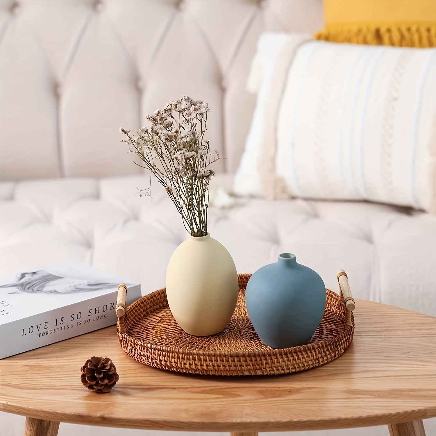 4pcs Art Deco Ceramic Vase Set, Minimalist Cylinder Shape in Black, Yellow, Blue, Beige - Modern Farmhouse Home Decor for Living Room, Shelf, Table, Bookshelf, Fireplace Mantel, Entryway - Ideal Gift for Loved Ones