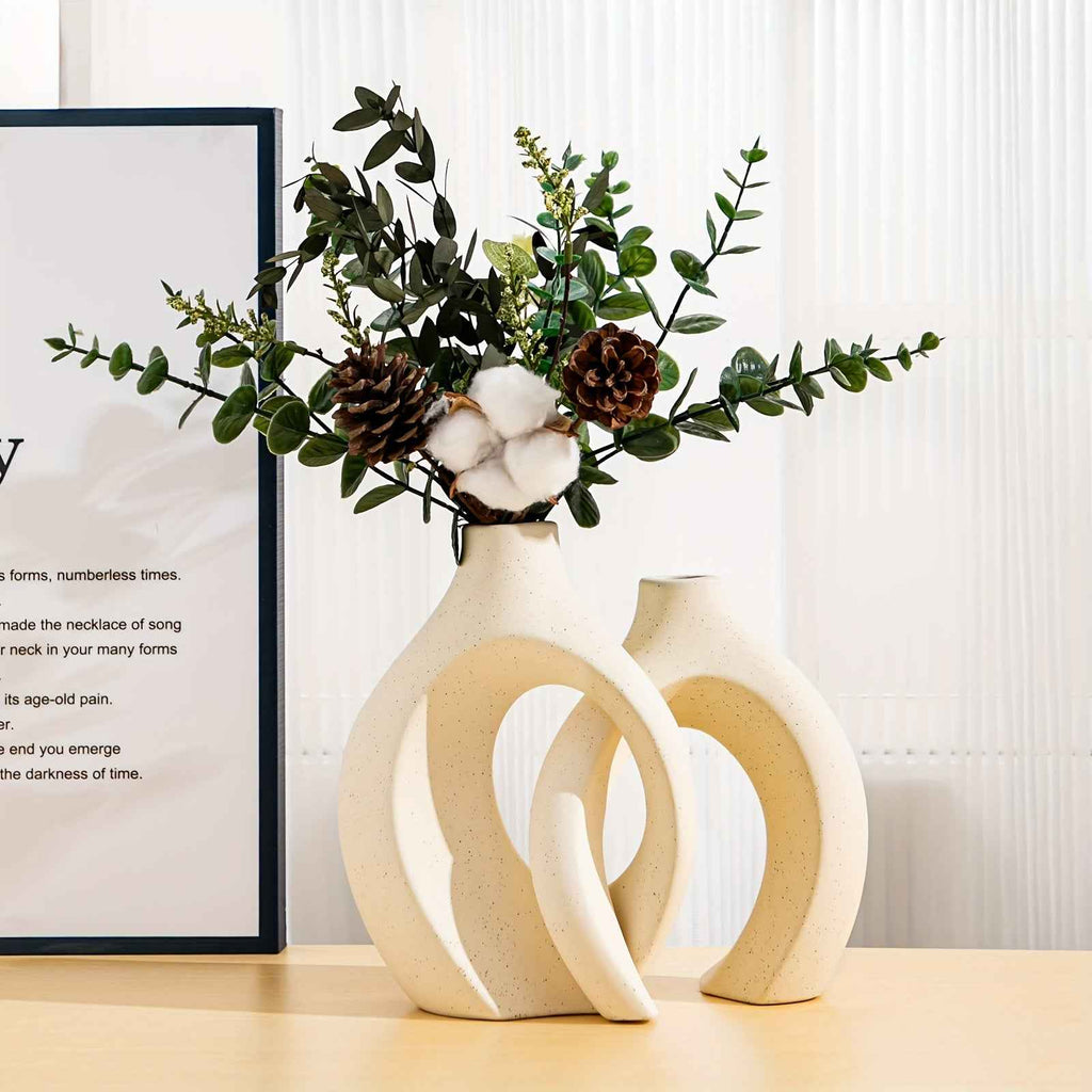 Contemporary Ceramic Vase Set, 2 Piece, Geometric Pedestal Bud Vases, Solid Pattern, Decorative Floral Arrangement Holders for Home Decor