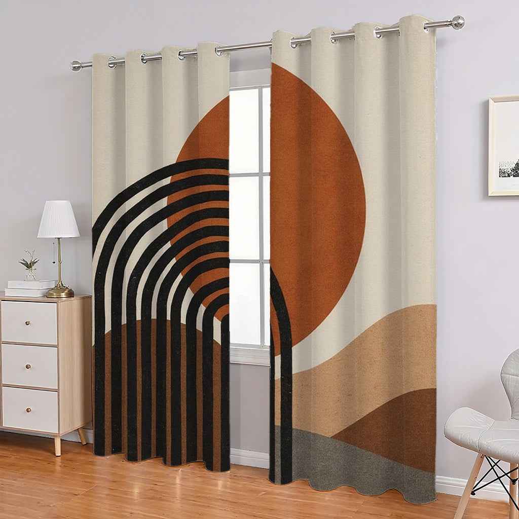 2pcs Modern Abstract Geometric Curtains - Brown, Orange, Black, Semi-Transparent, Grommet Top, Polyester, Machine Washable, Ideal for Living Room, Bedroom, Study, Kitchen, and Courtyard Decor, Curtains for Living Room, Curtai