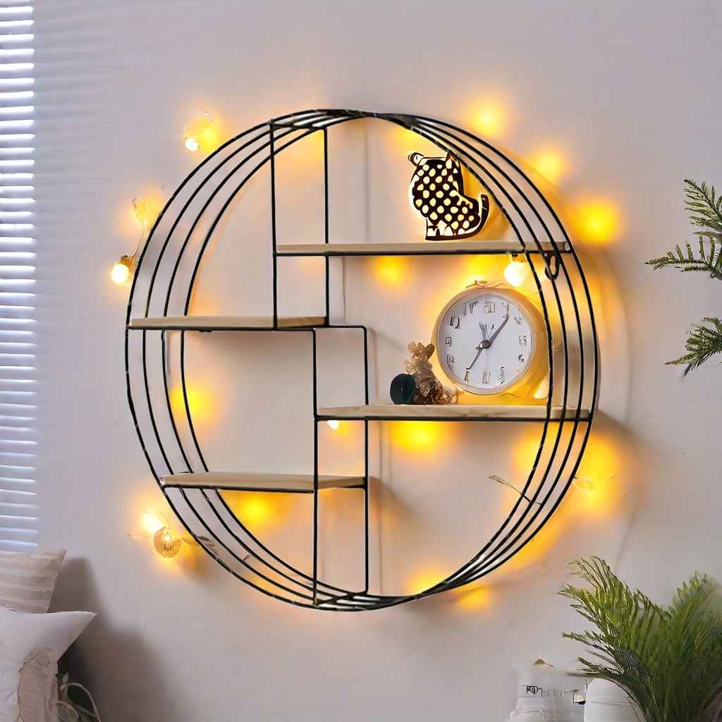 Golden, black, four-layer multi-functional storage shelf, round wall-mounted floating shelf - iron and wood combination, living room, bedroom, bathroom, dining and farmhouse storage multi-functional organizer (lights not incl