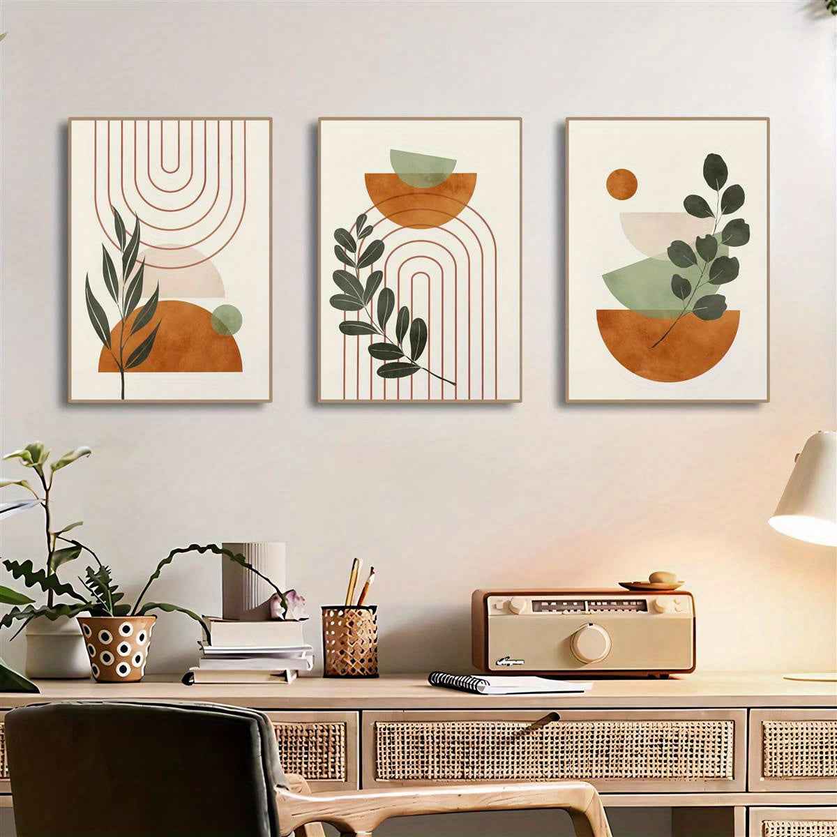 2D Flat, 3pcs Wooden Framed 2D Botanical Wall Art, Boho Print, Mid Century Wall Art, Sage Green Painting, Creative Canvas Poster, Waterproof Canvas Wall Decor, Artwork for Gift, Bedroom and Dormitory Decoration