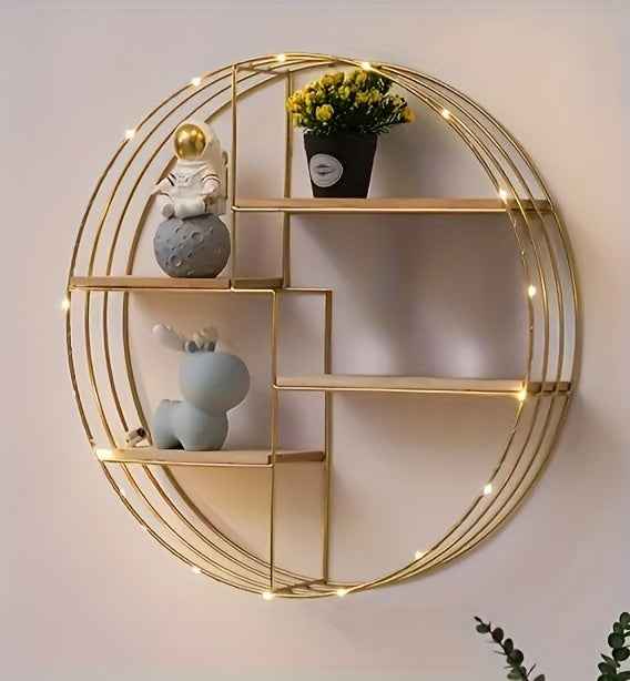 Golden, black, four-layer multi-functional storage shelf, round wall-mounted floating shelf - iron and wood combination, living room, bedroom, bathroom, dining and farmhouse storage multi-functional organizer (lights not incl