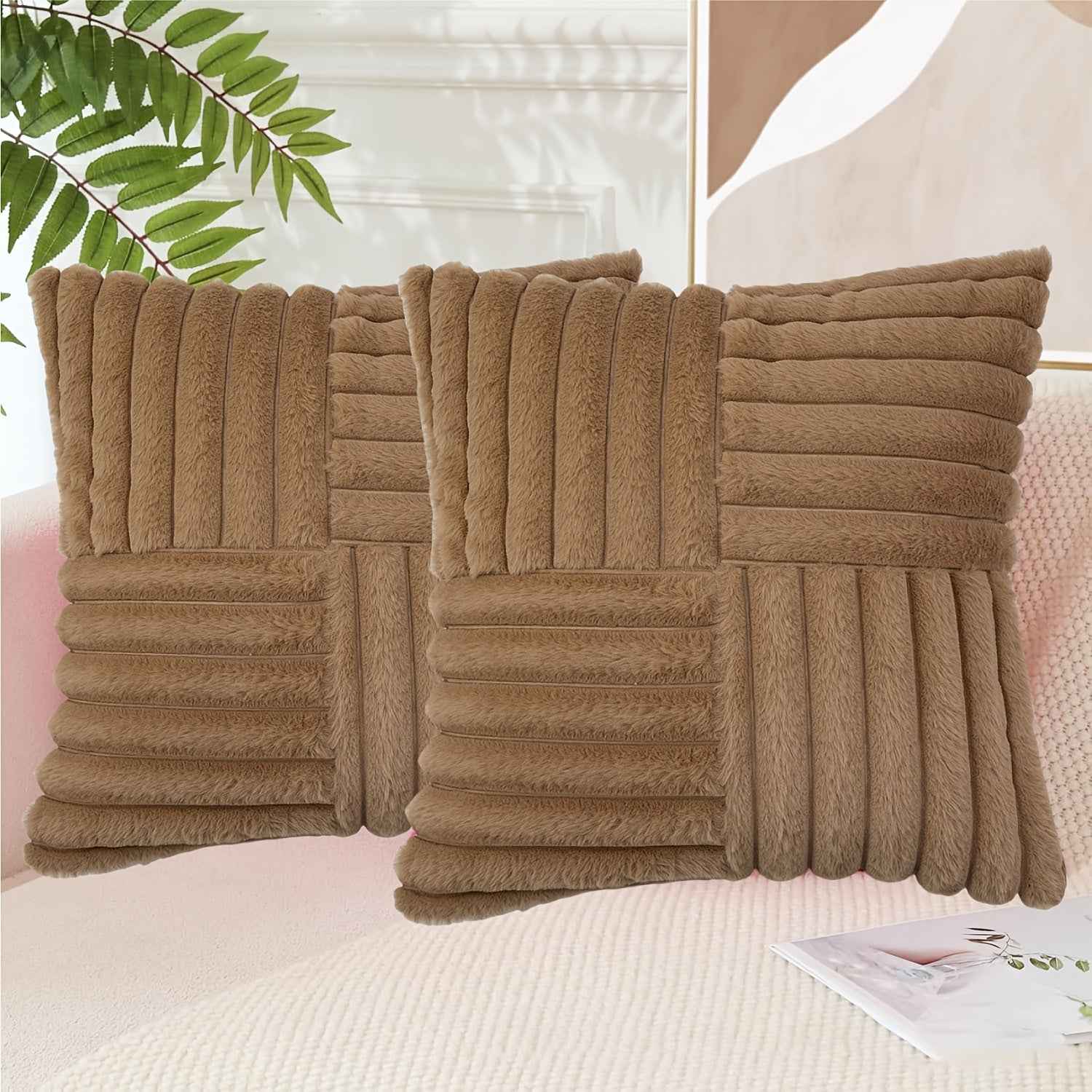 2pcs Soft Plush Faux Fur Throw Pillow Covers with Zipper Closure - Cozy Striped Design in Beige, Pink, Red, Gray - Perfect for Living Room Sofa & Bedroom Decor, Machine Washable, Bedroom Decor | Cozy Home Accents | Plush Text