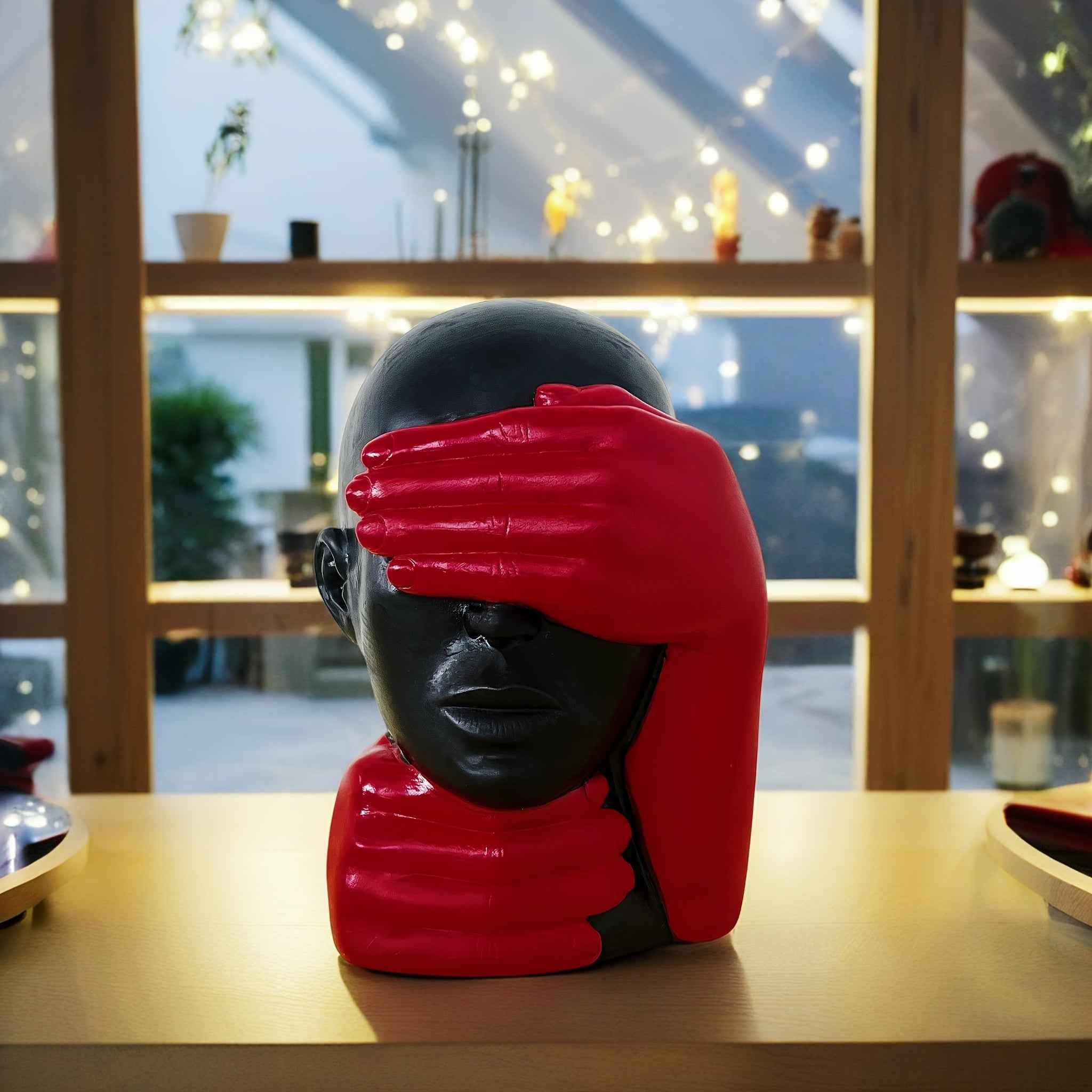 Modern Abstract Resin Sculpture - Hand-Covered Face Art Decor for Contemporary Home or Office, Black and Red Figurine, Unique Holiday Decoration, Holiday Decor Accent | Abstract Sculpture | Resin Construction, Statues for Hom